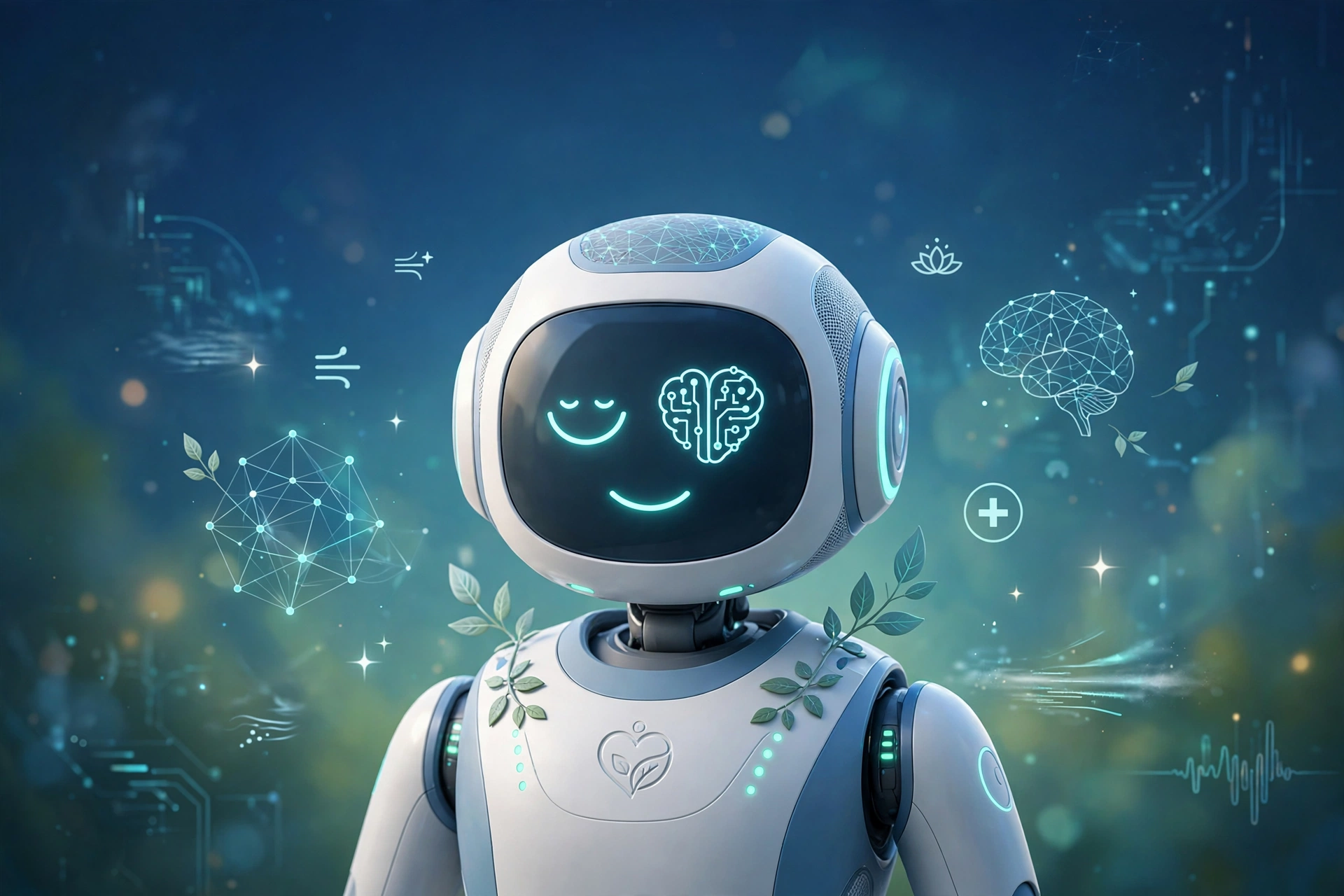 Friendly robot with a glowing brain symbol on its face surrounded by soft teal light and leaves