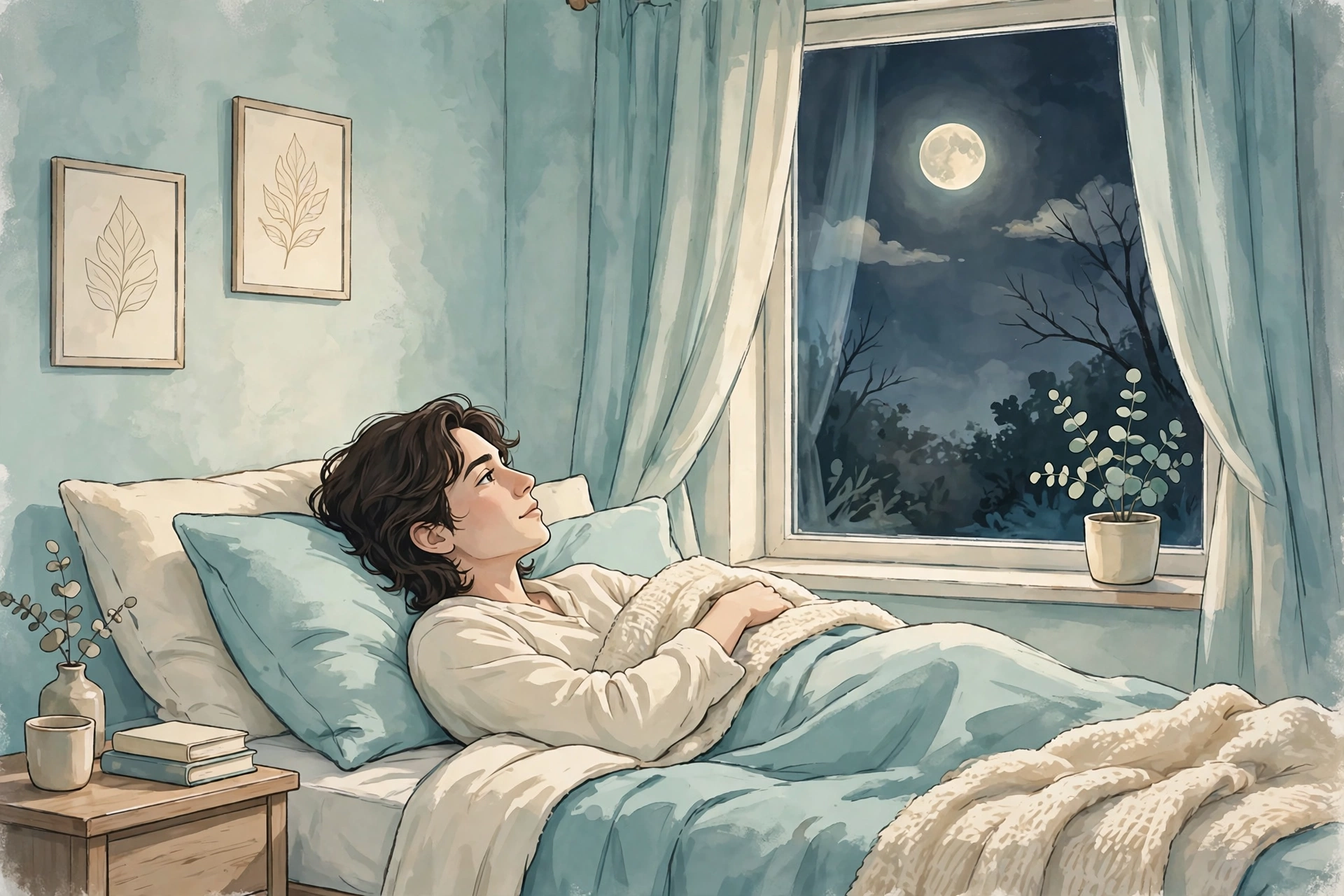 Person lying awake in bed at night looking toward a moonlit window, in soft mint and cream tones