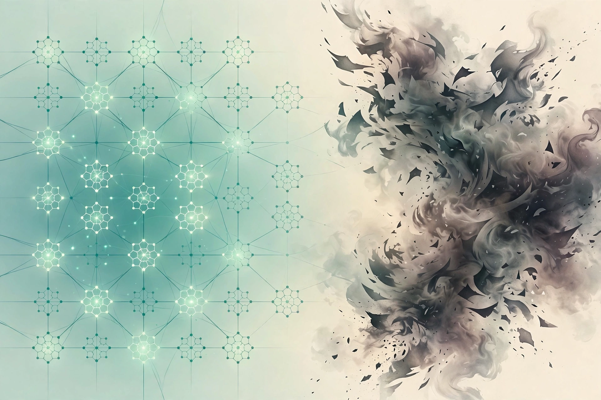 Abstract illustration of orderly glowing teal molecular patterns on the left dissolving into a dark chaotic storm on the right, on a mint to cream background