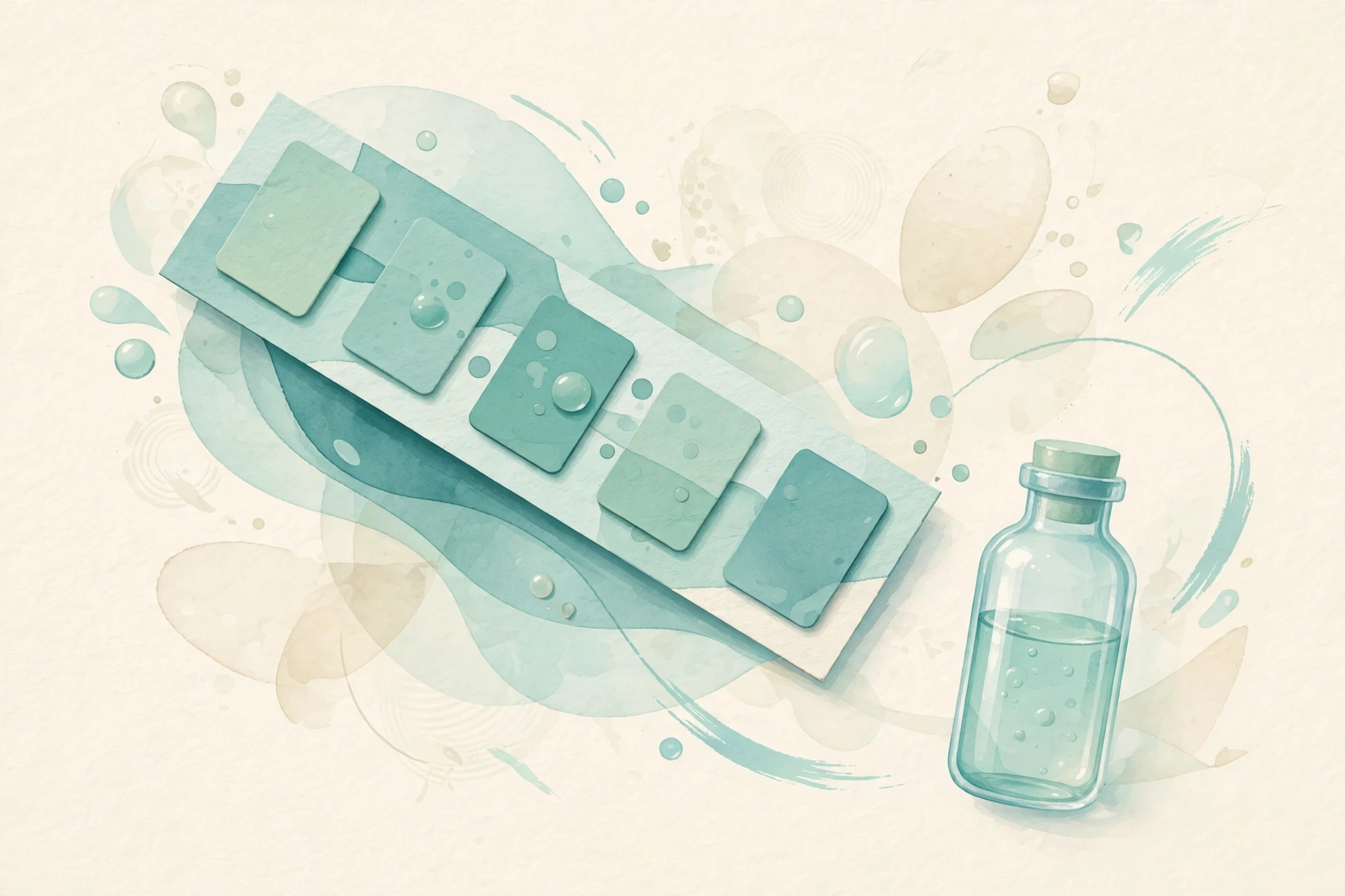 Abstract illustration of a laboratory test strip and a small sample vial in soft teal and mint tones on a warm cream background