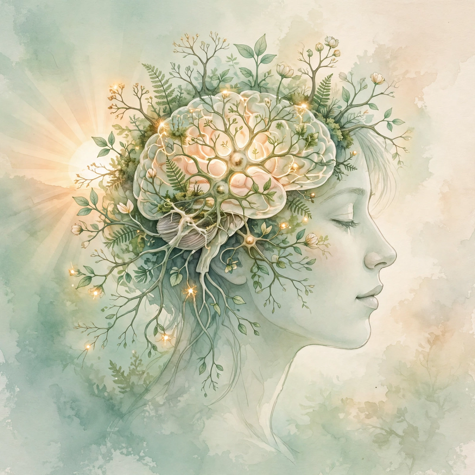 A human head in profile with a glowing brain growing like a garden of new neurons, warm sunrise behind, in soft mint and cream tones