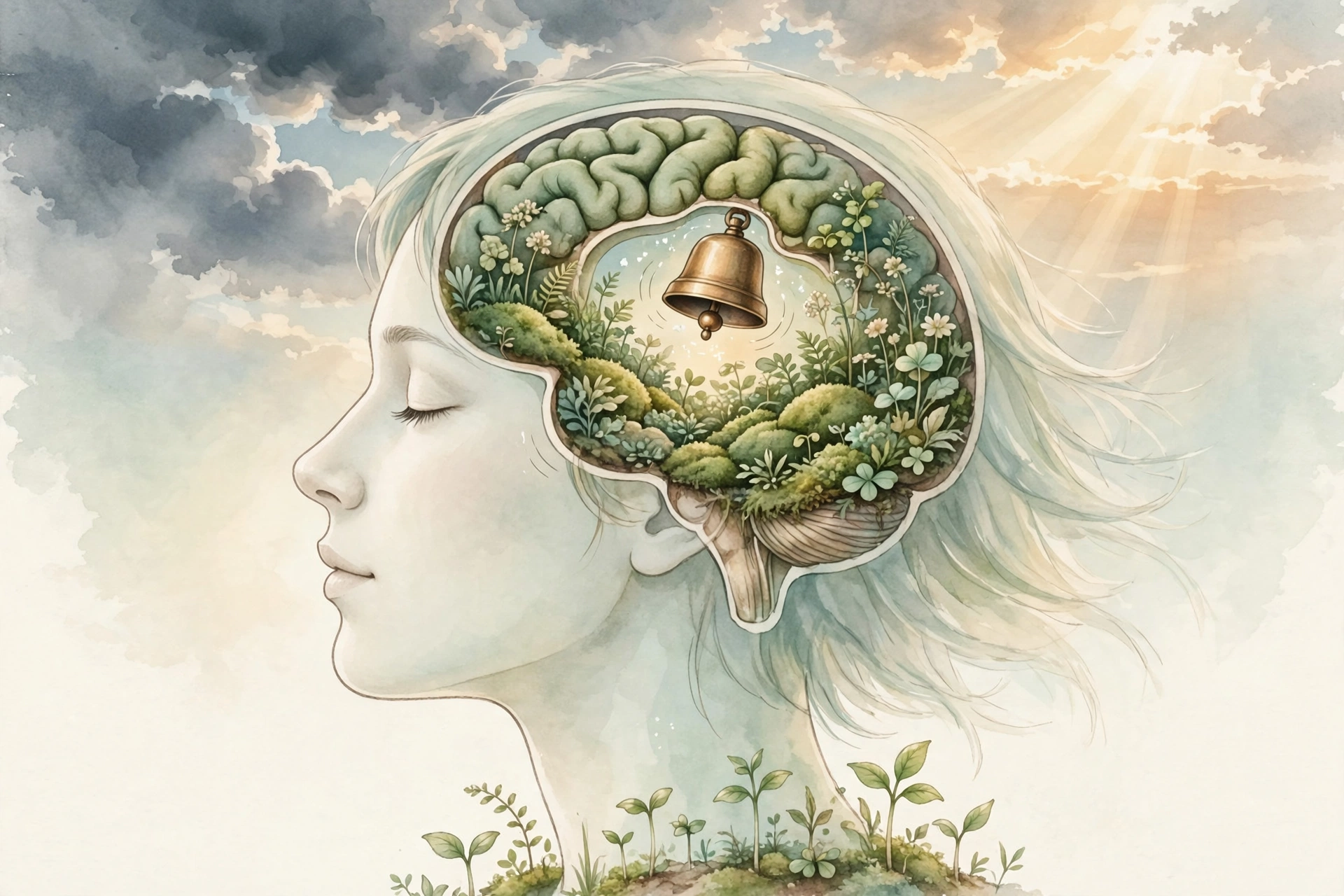 A human head in profile with a garden shaped brain and a small brass alarm bell ringing inside it, storm clouds clearing into a warm sunrise, in soft mint and cream tones