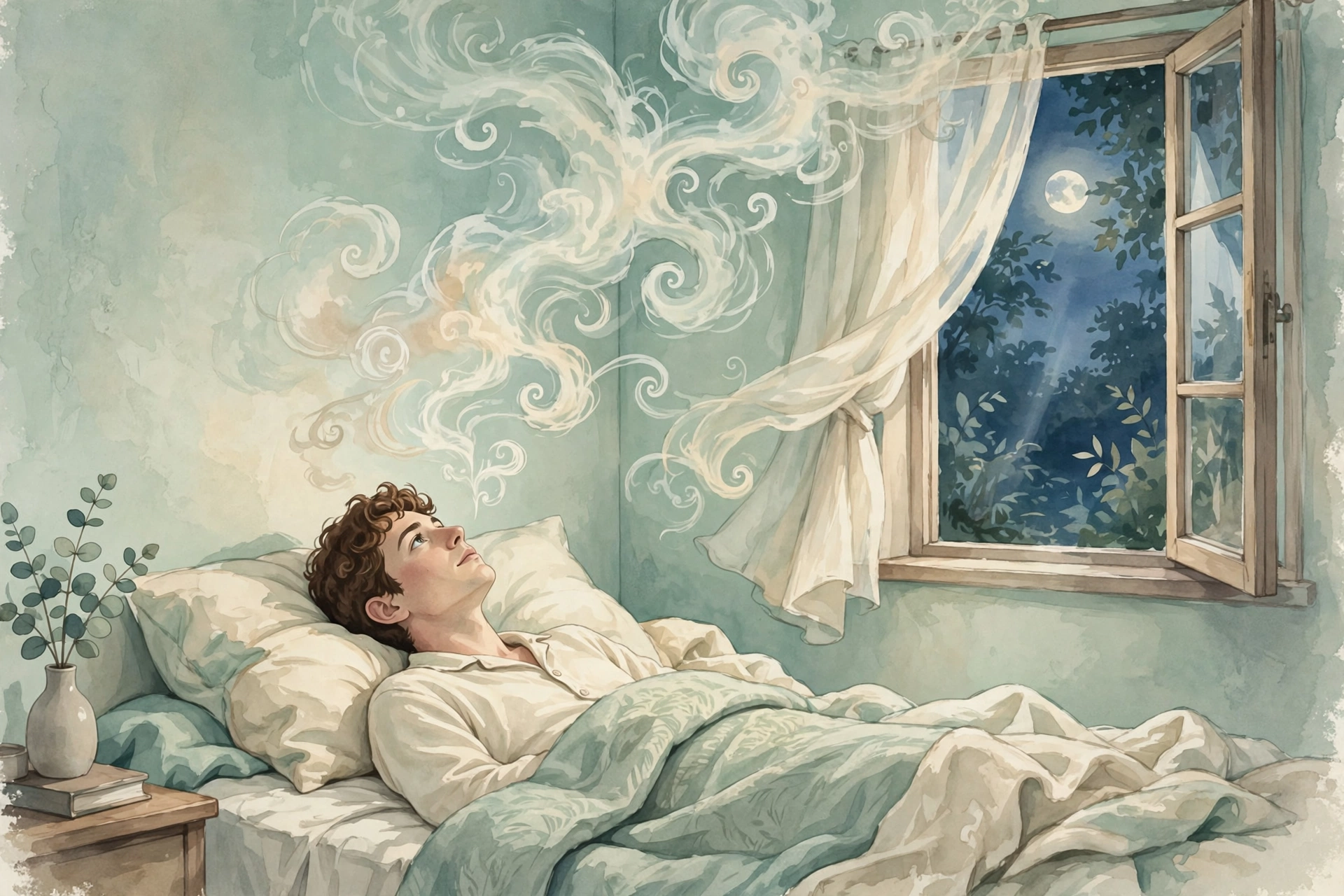 A person lying awake in bed at night staring at the ceiling while swirling thought clouds drift toward a moonlit window, in soft mint and cream tones