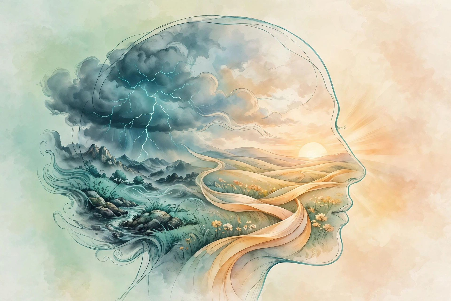 A human head in profile with storm clouds and teal lightning dissolving into a warm sunrise over calm hills, in soft mint and cream tones