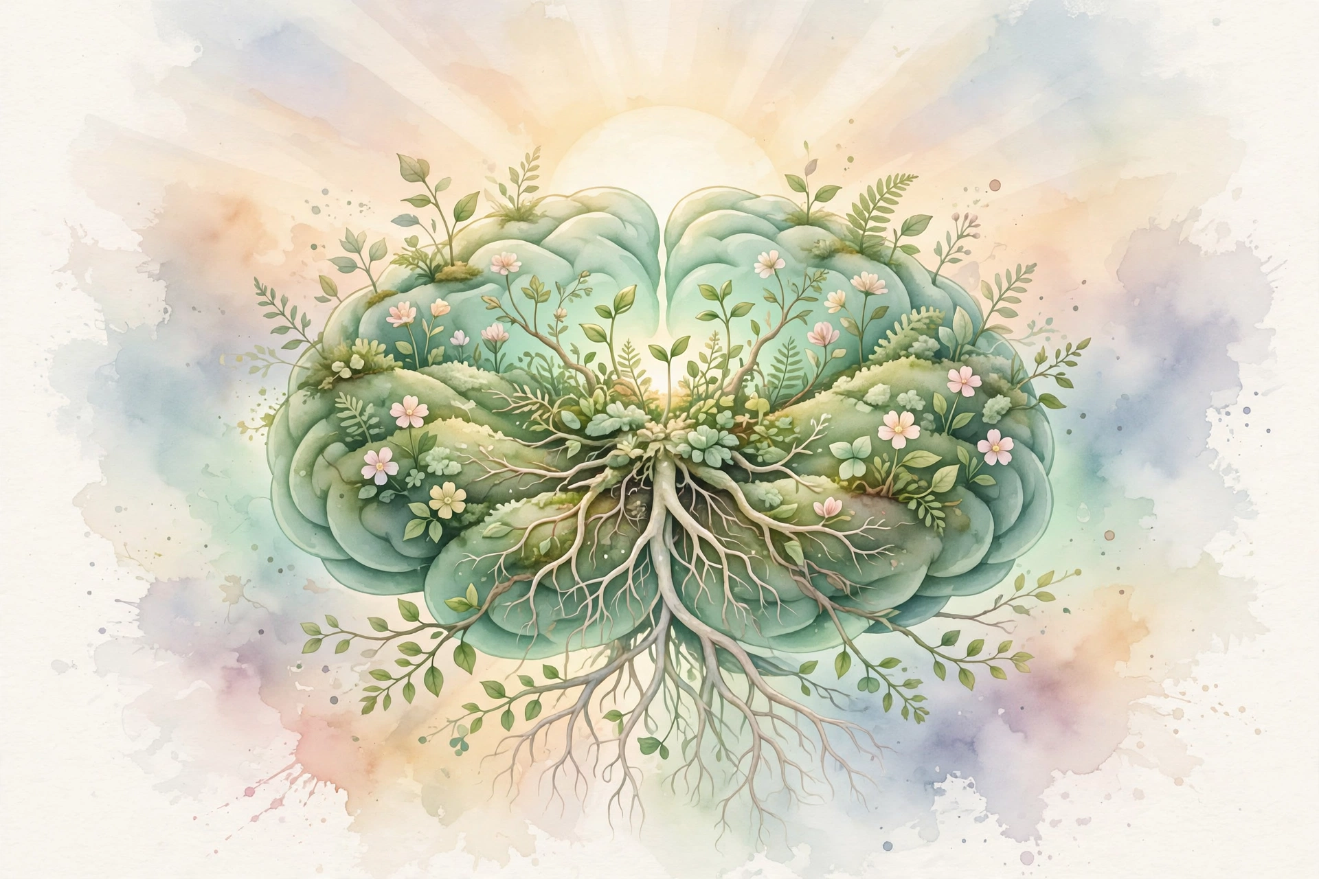 A mint green brain shaped like a garden with sprouting plants and roots, warm sunrise behind, in soft mint and cream tones