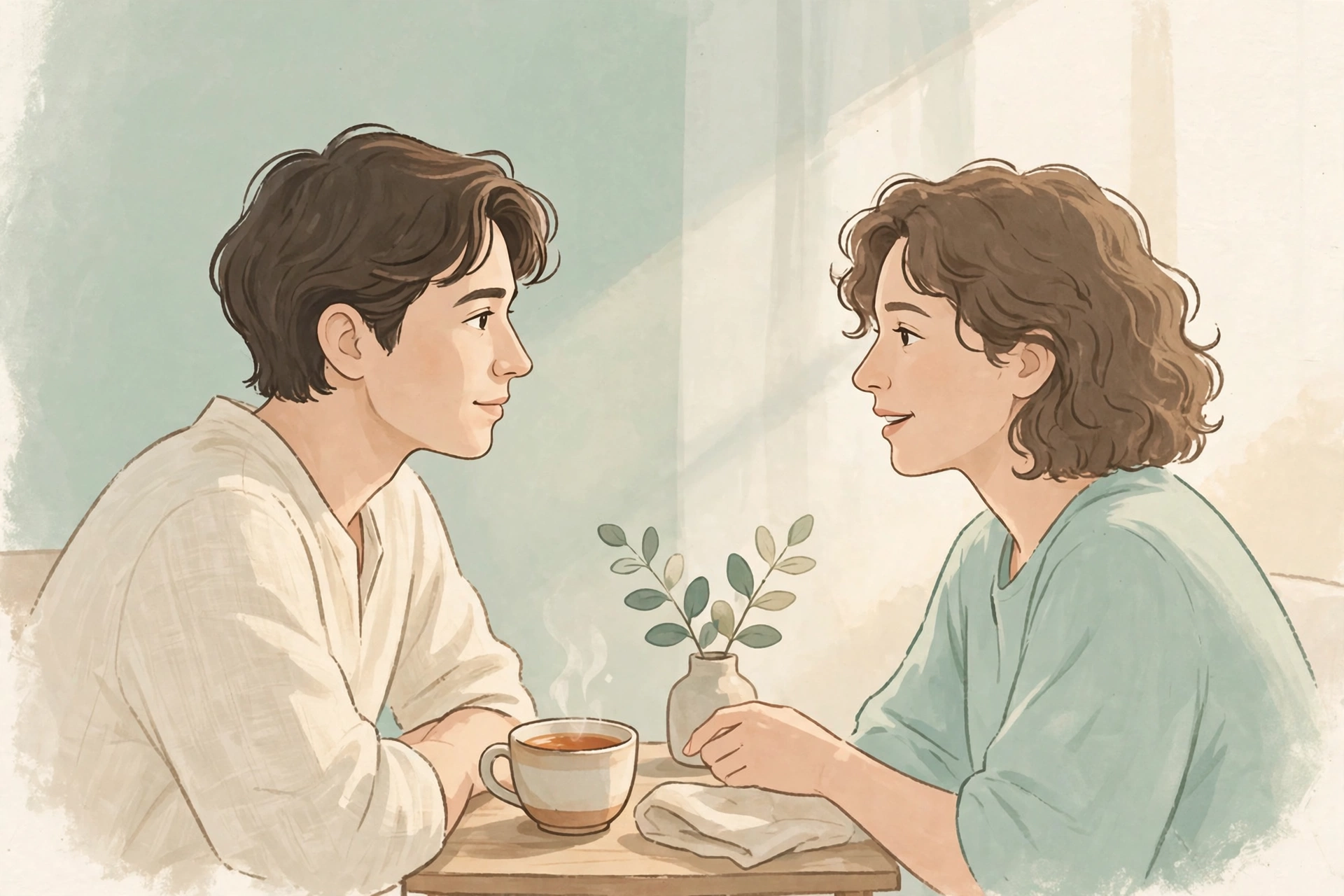 Two people in calm conversation across a table in soft mint and cream tones