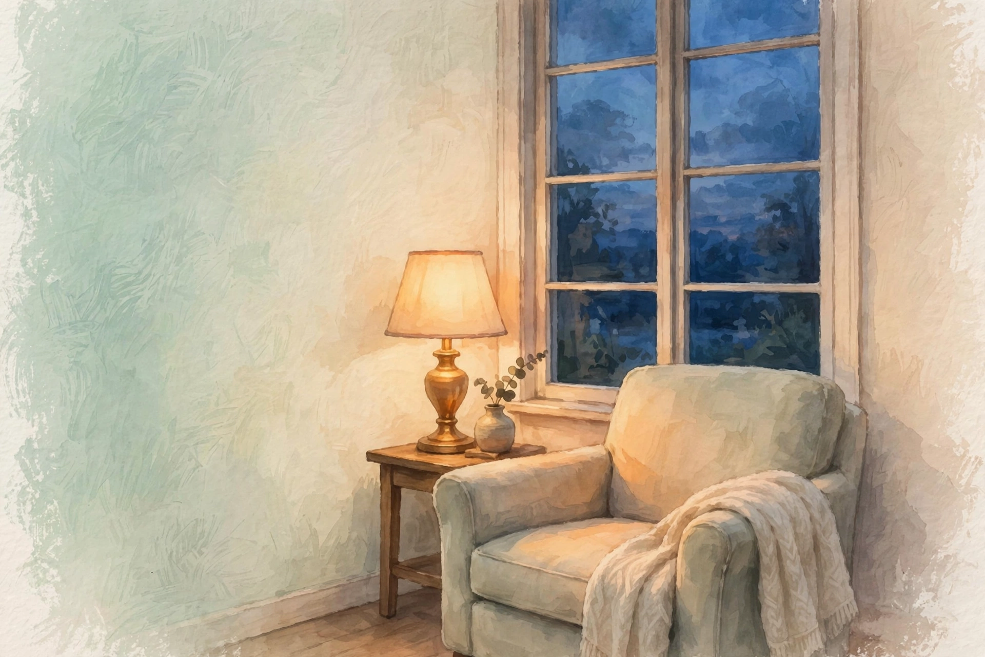 A warm lamp glowing beside a reading chair by a window at dusk, in soft mint and cream tones