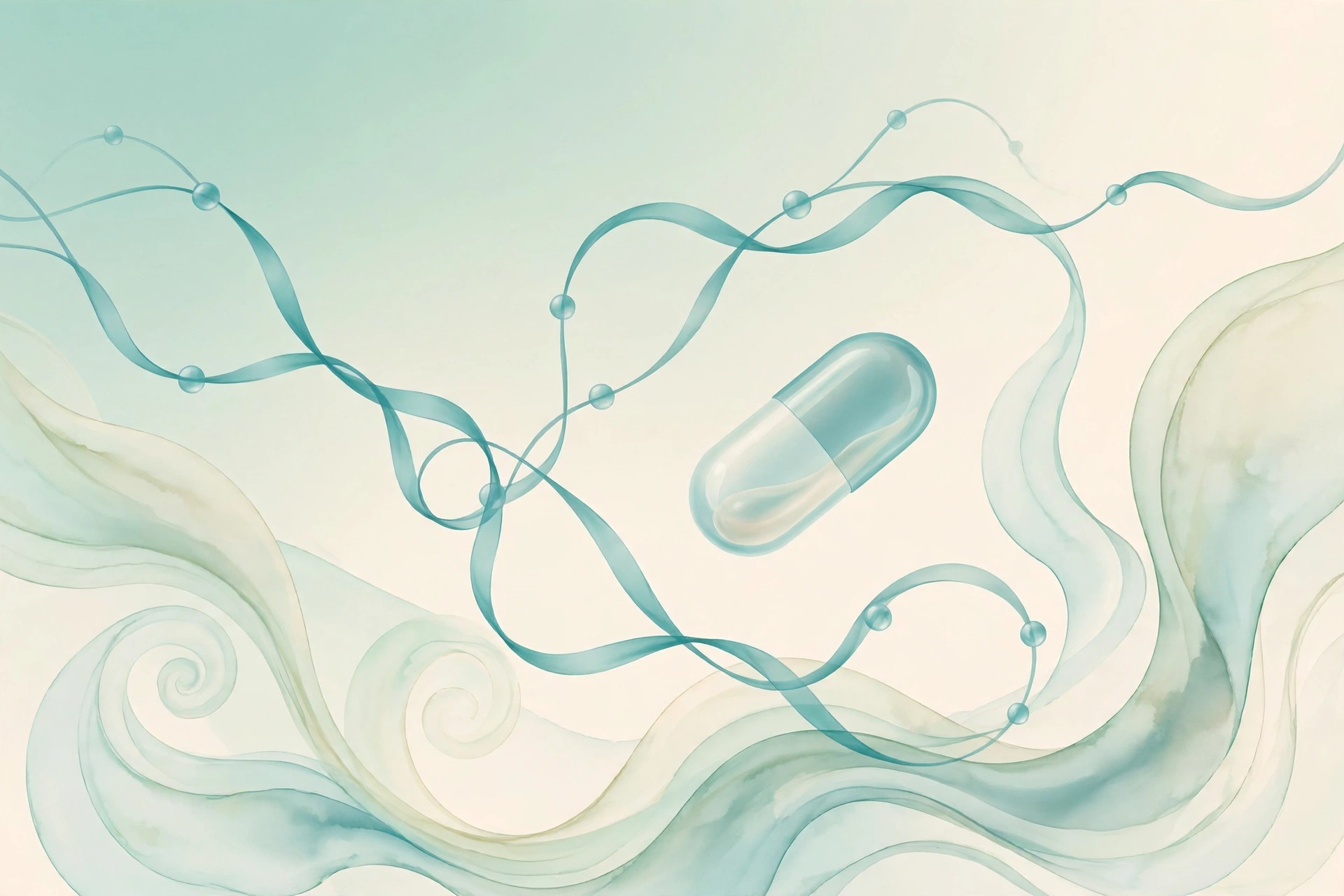 Abstract illustration of a translucent medicine capsule among flowing teal ribbons on a mint to cream background