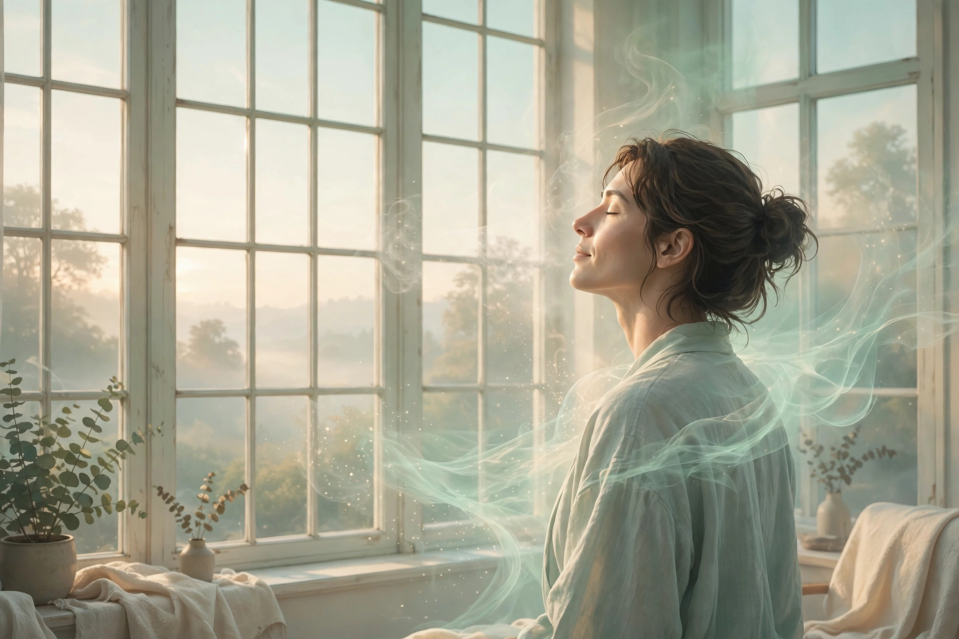 Person at a window at dawn as tension dissolves, in soft mint and cream tones