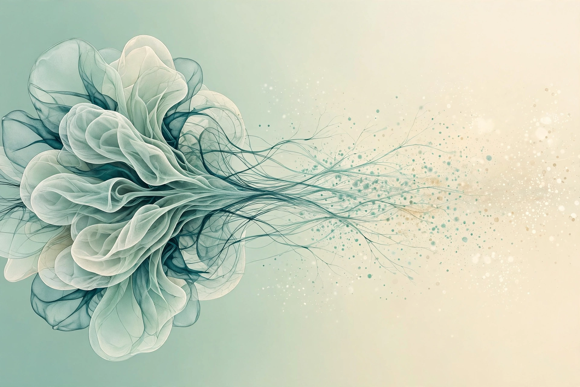 Abstract illustration of a translucent layered form dissolving into fine neural threads and particles on a mint to cream background