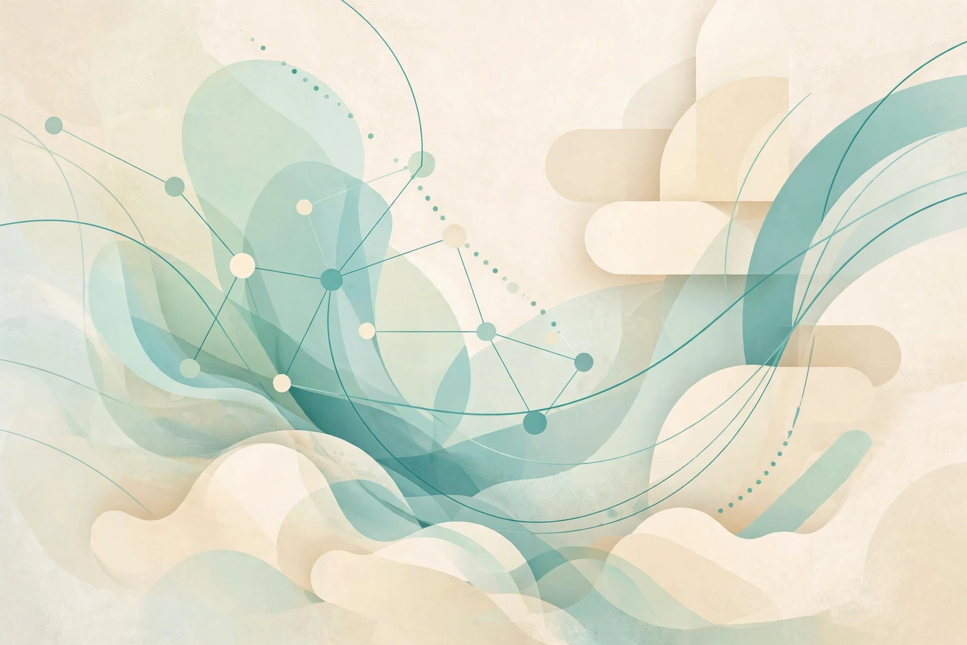 Abstract illustration of soft teal wave forms and connecting lines on a mint to cream background
