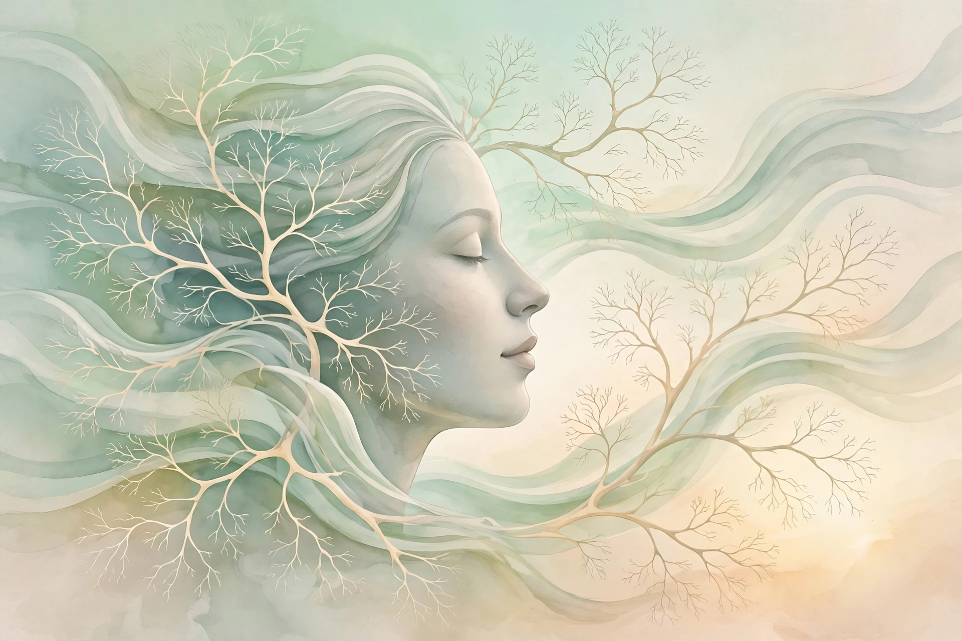Abstract calm head in profile with flowing waves in mint and cream tones