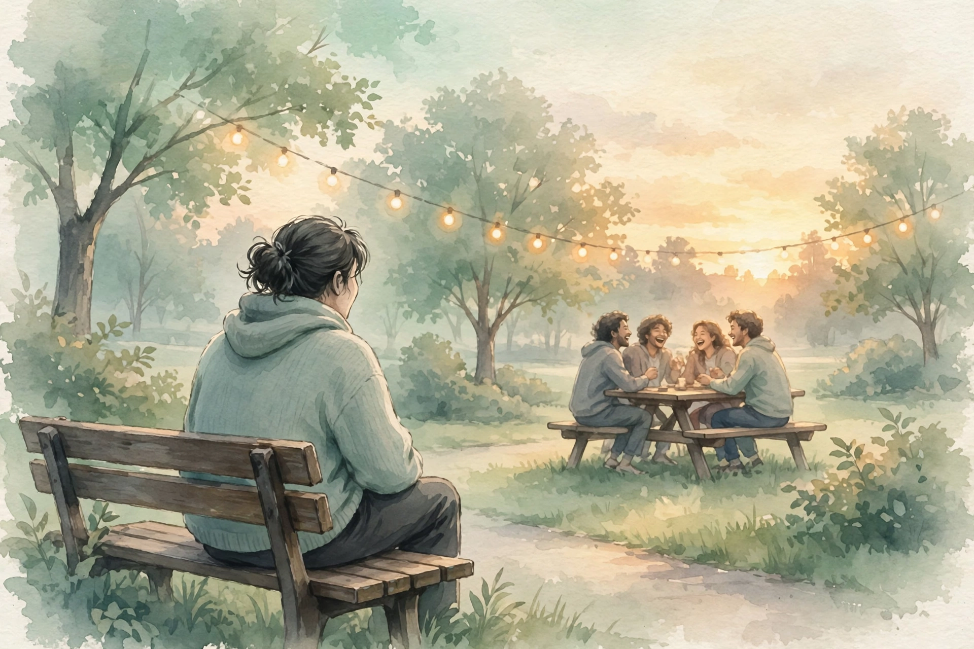 A person sitting alone on a park bench at dusk looking toward friends laughing together under string lights, in soft mint and cream tones