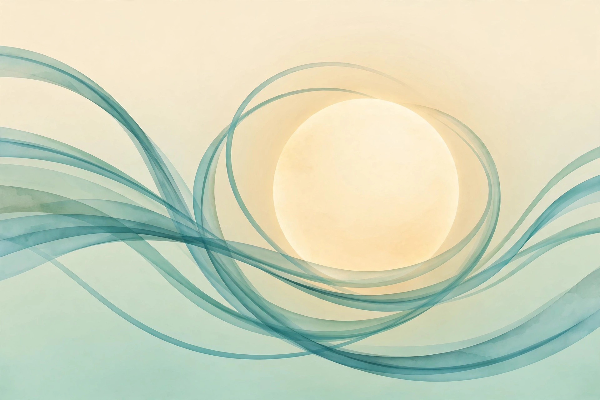 Abstract illustration of flowing mint and teal ribbons circling a soft glowing disc on a warm cream background