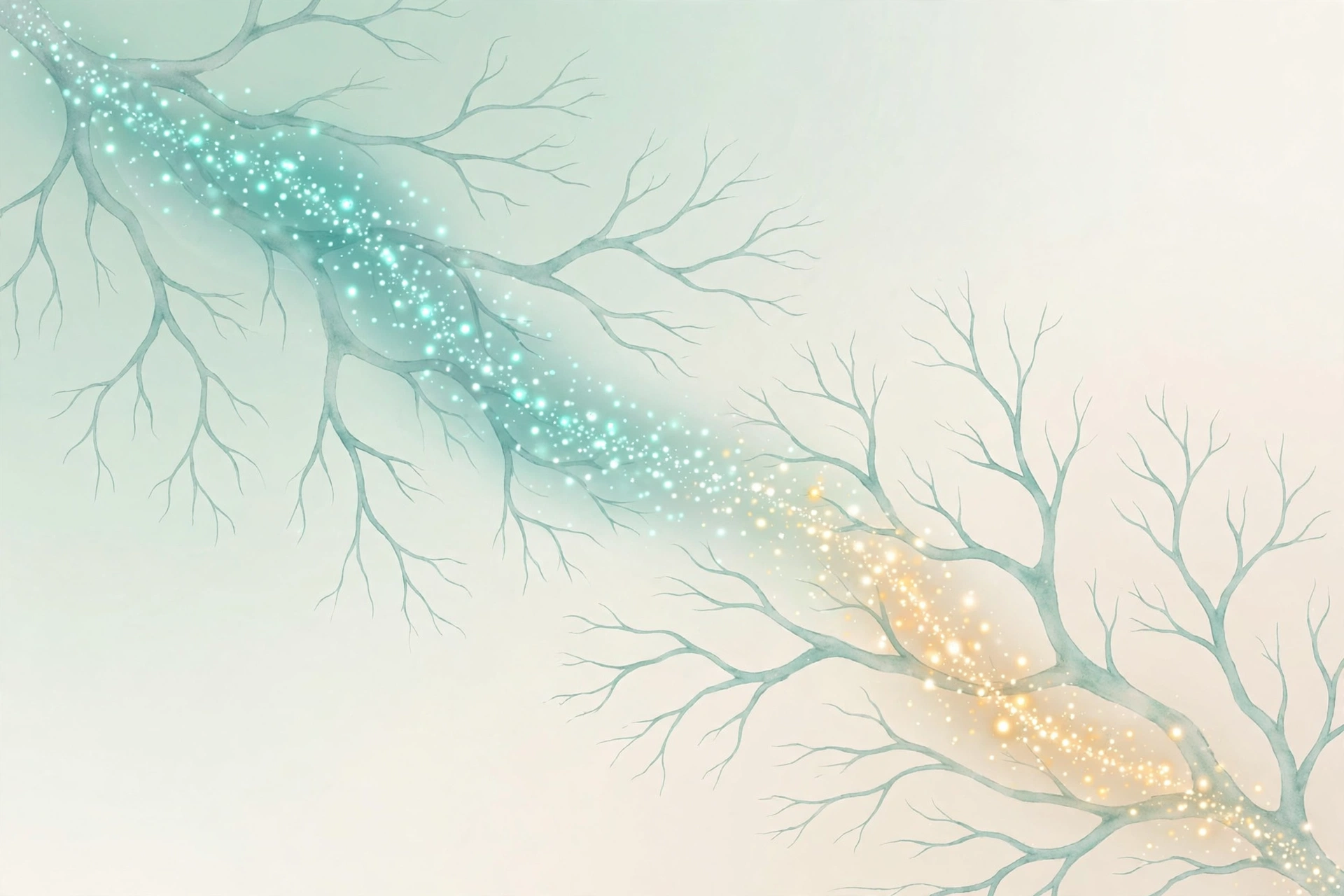 Abstract illustration of teal and gold particle streams flowing through branching neuron shapes on a soft mint and cream background
