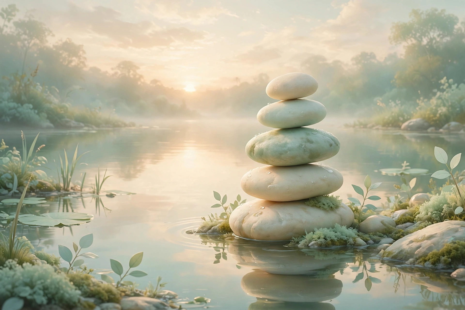 Balanced stones at sunrise over calm water in soft mint and cream tones