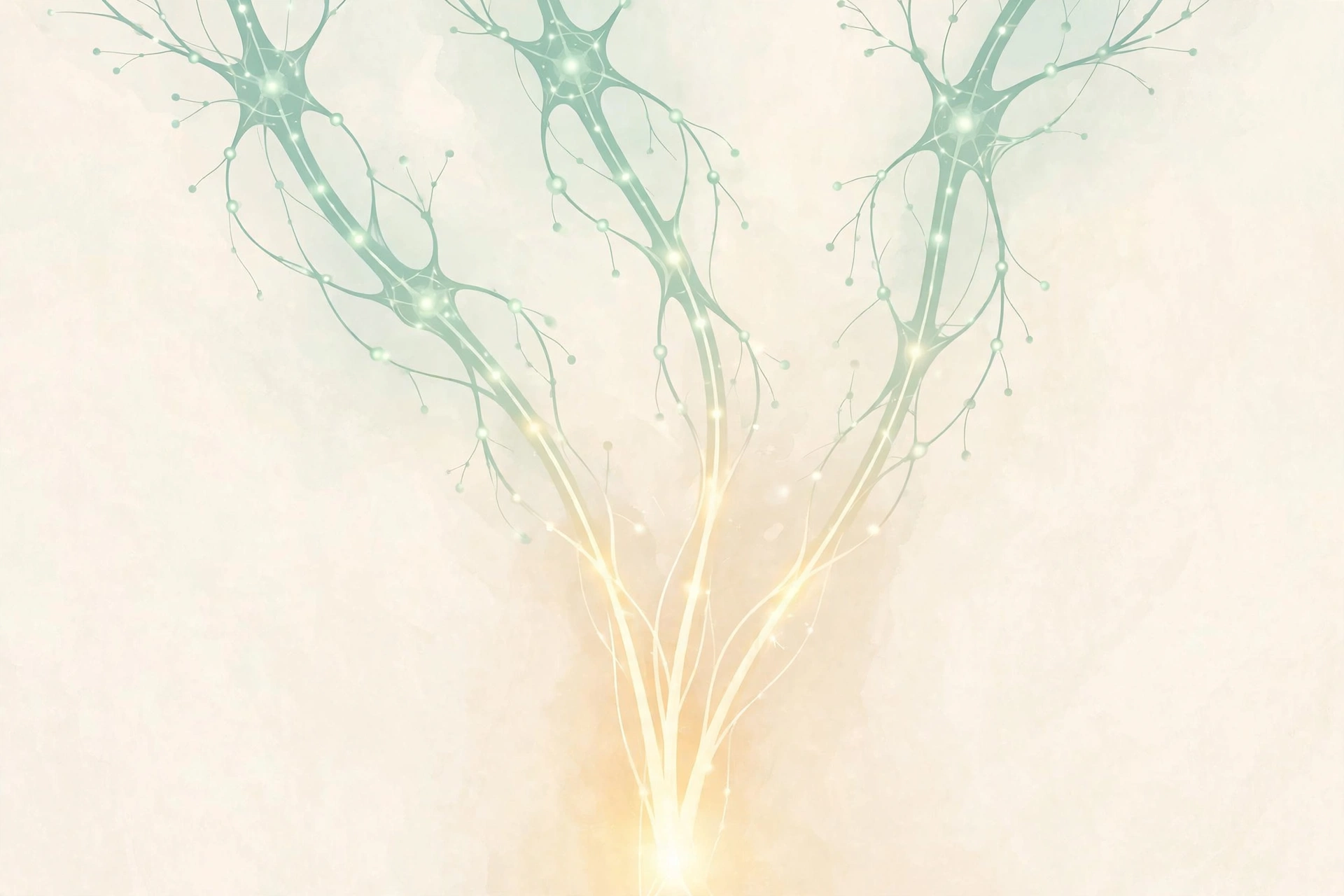 Three glowing neural pathways converging, in soft mint and cream tones