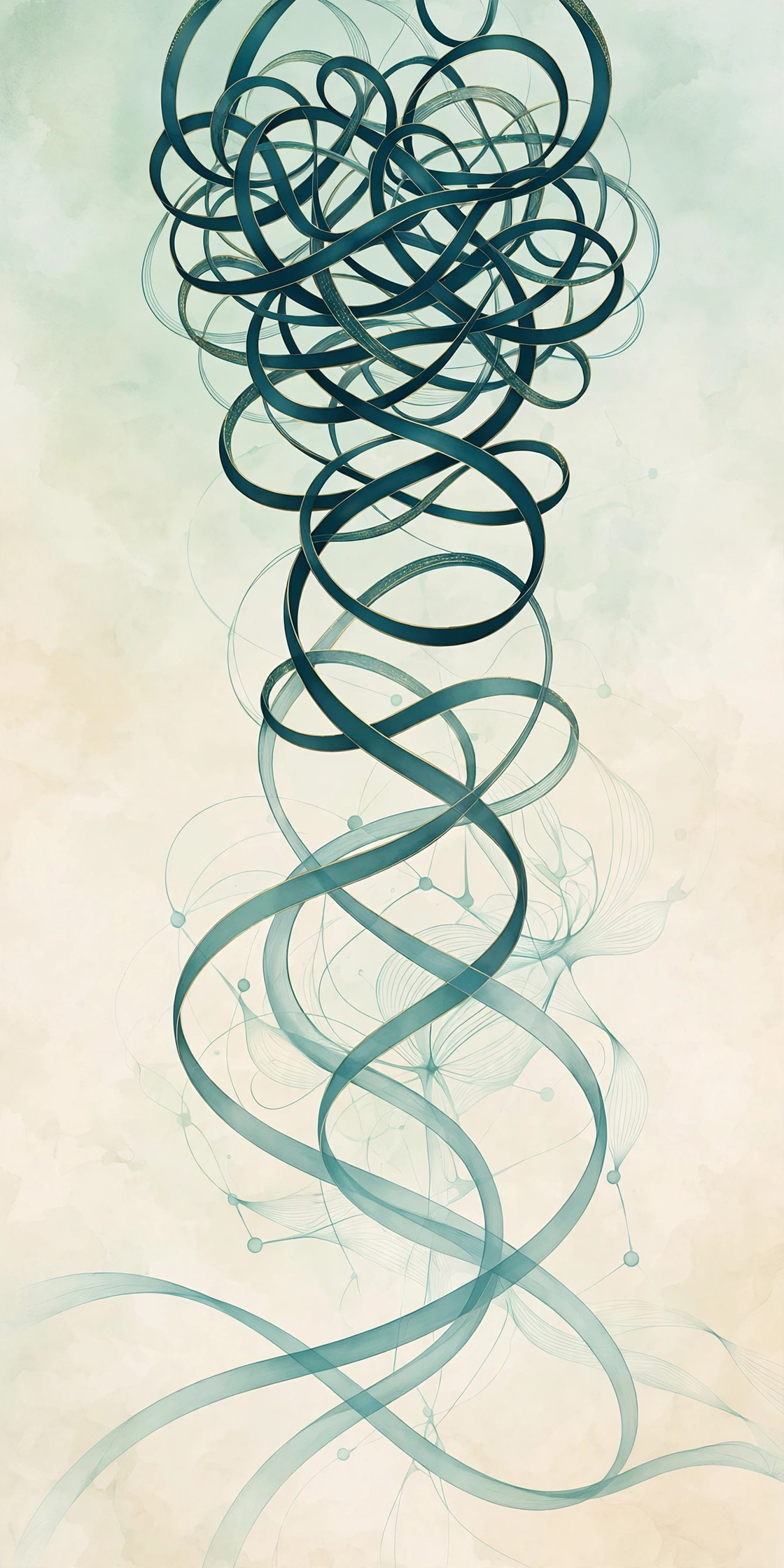 Abstract illustration of tangled teal ribbons resolving into smooth flowing lines on a mint to cream background