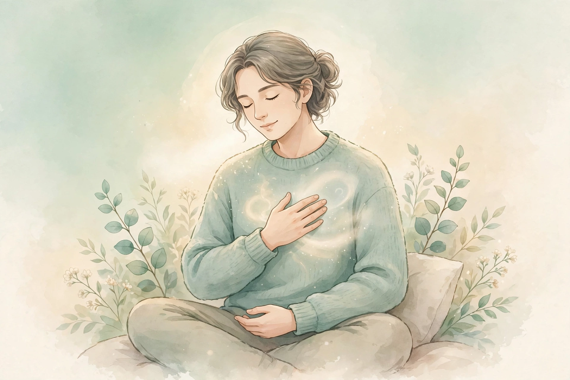 Person sitting calmly with eyes closed practicing slow breathing, in soft mint and cream tones