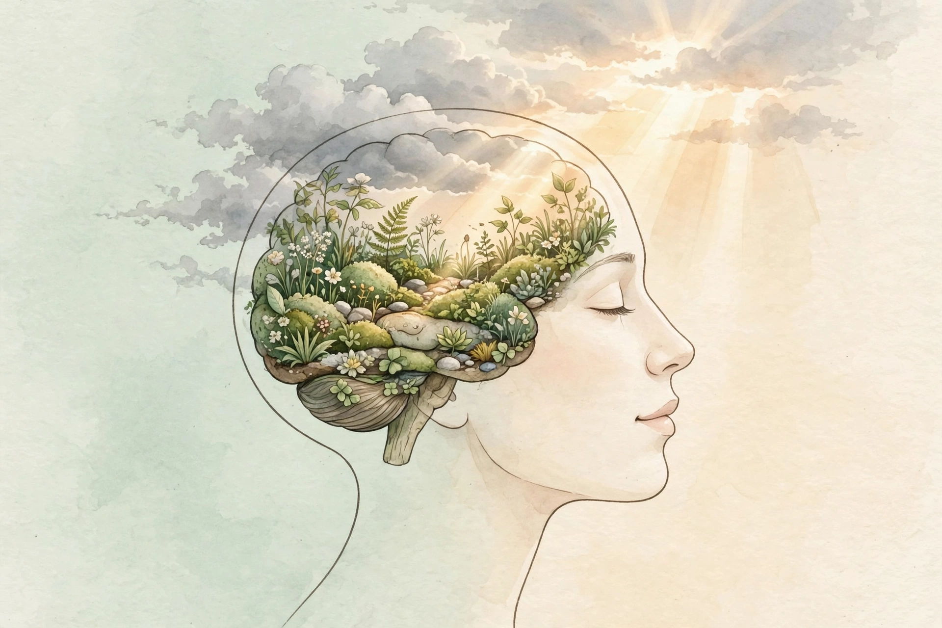 A calm human head profile with soft storm clouds clearing above a garden shaped brain, warm sunrise light, in soft mint and cream tones