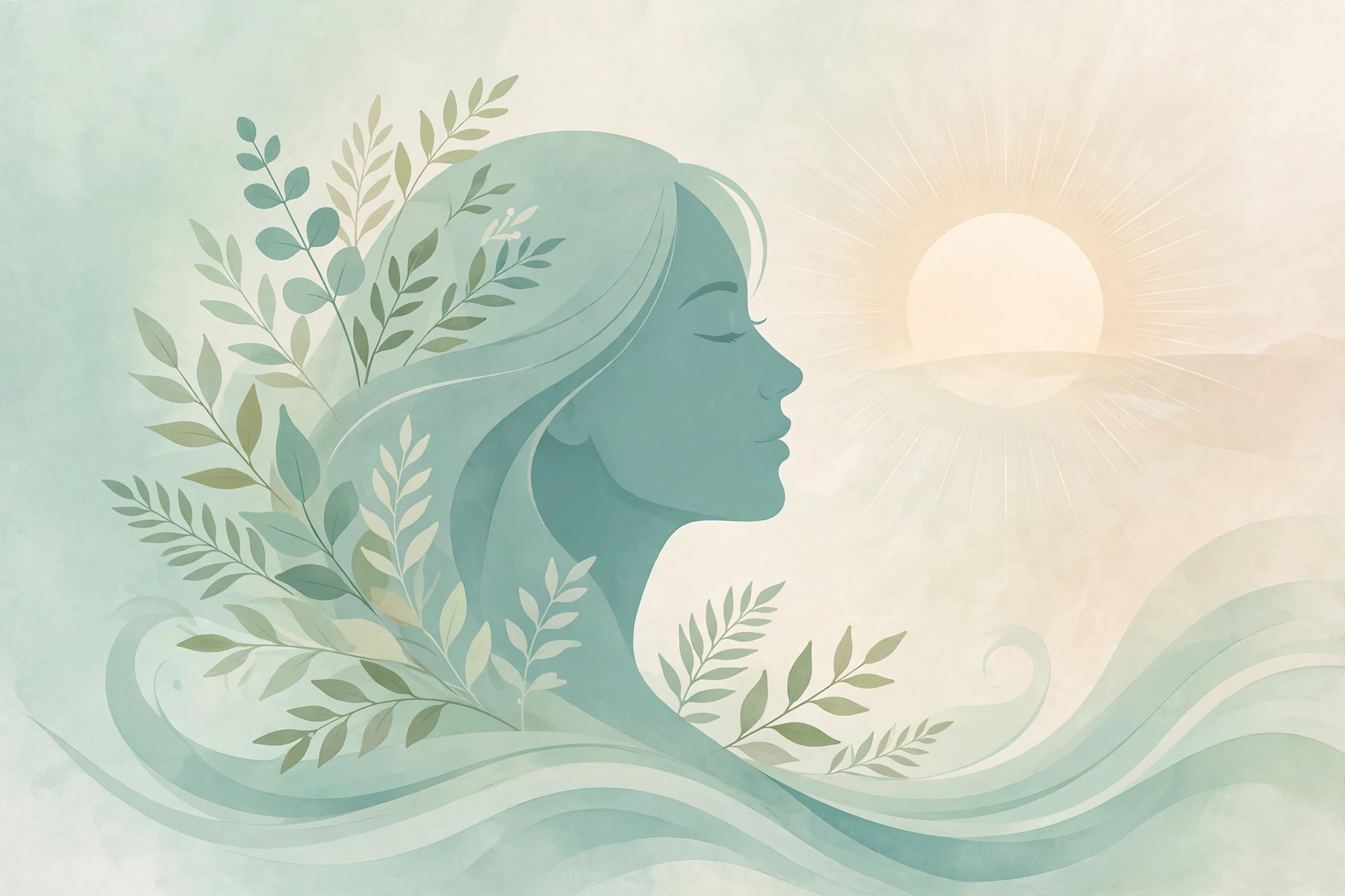 Abstract illustration of a woman's profile silhouette in teal facing a rising sun with botanical leaves, on a mint to cream background