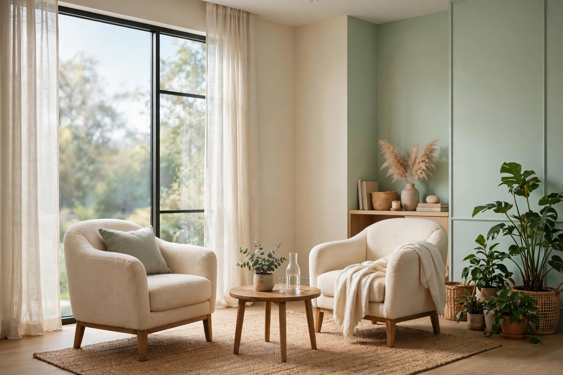 Calm therapy office with two armchairs by a bright window in soft mint and cream tones