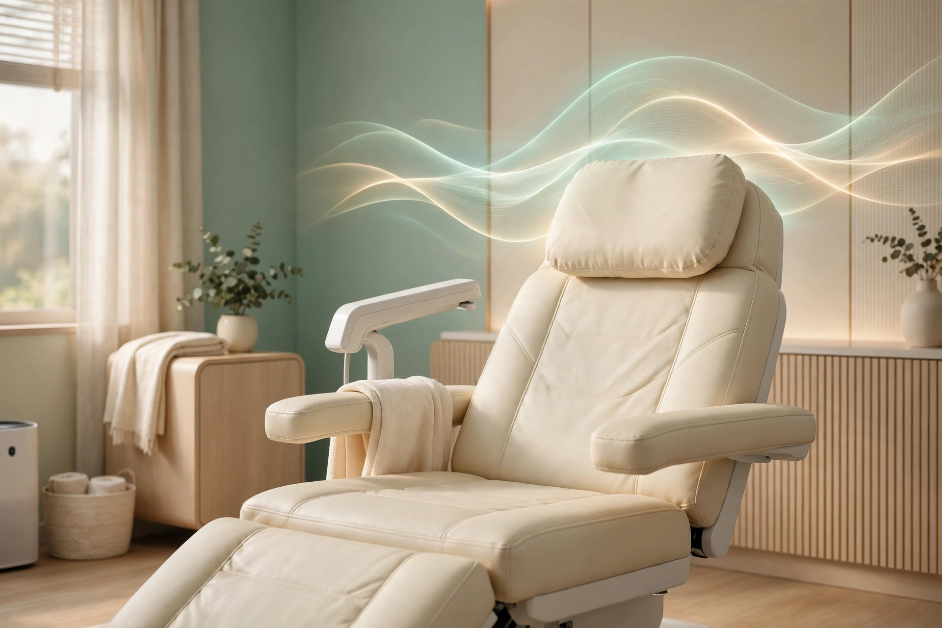 Modern treatment room with a reclining chair and gentle waves of light in mint and cream tones