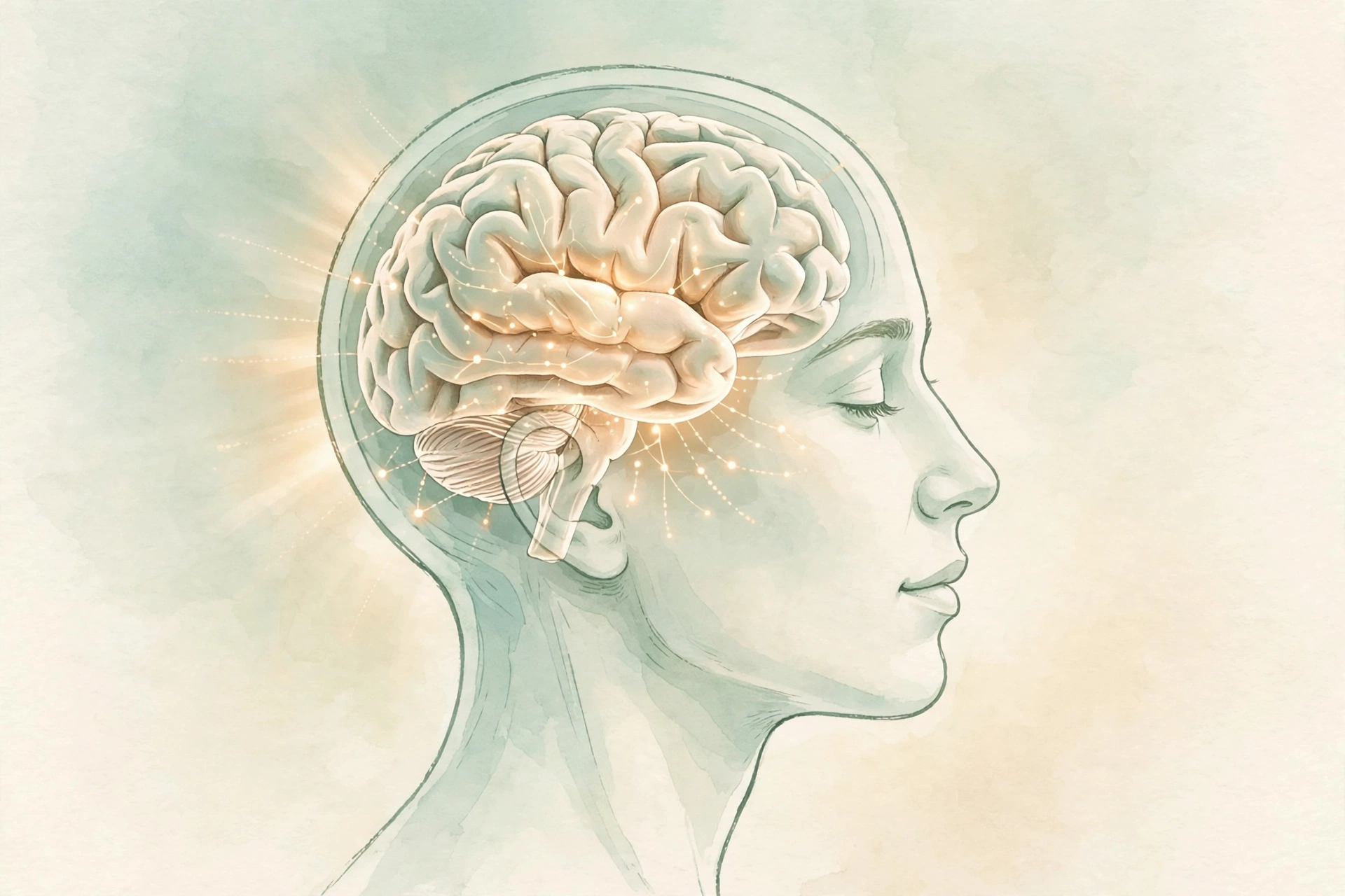 Soft illustration of a human head in profile with a gently glowing brain inside, in mint and cream tones