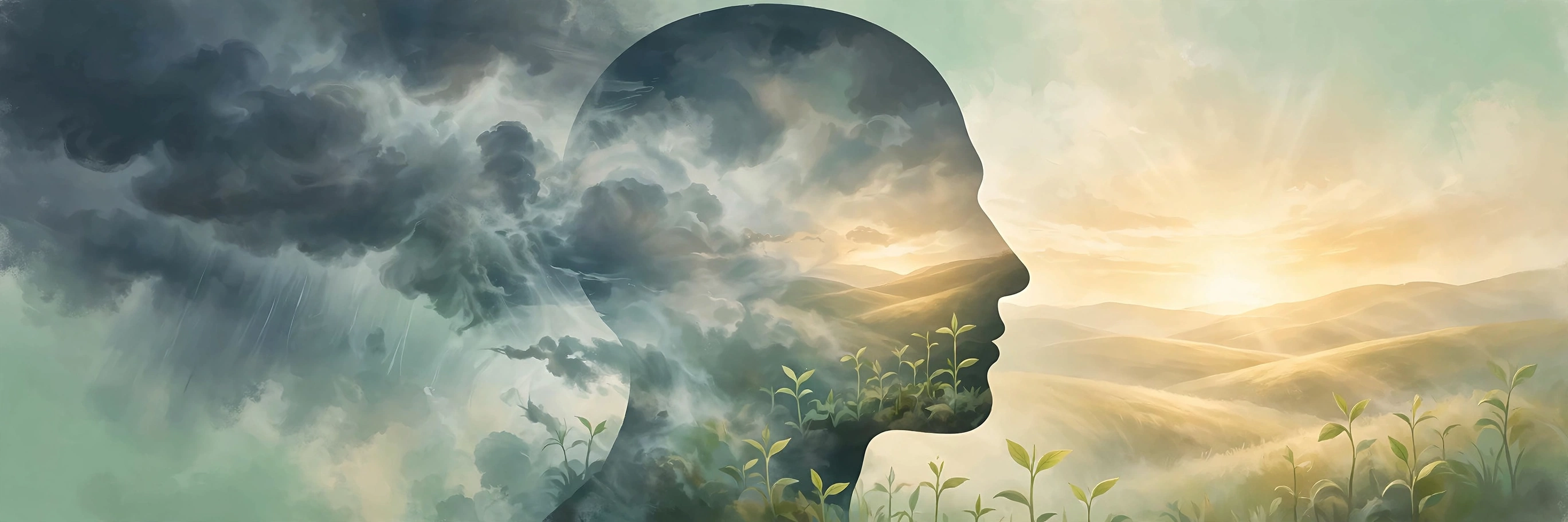 A human head in profile with dark storm clouds dissolving into a warm sunrise over rolling hills, with green sprouts growing, in soft mint and cream tones