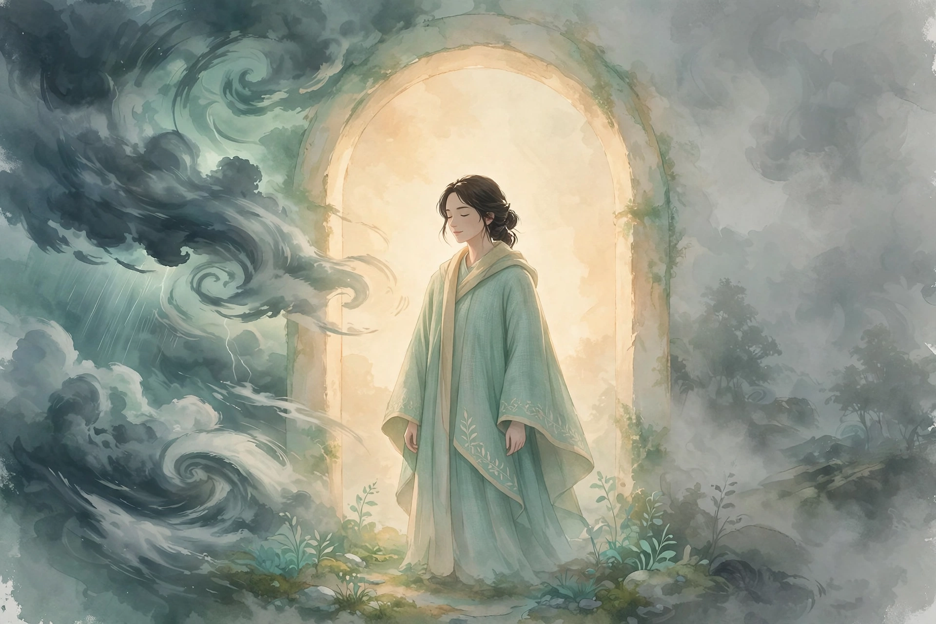 A calm figure in a mint robe standing in a glowing window of warm light, with stormy swirls on one side and grey fog on the other, in soft mint and cream tones